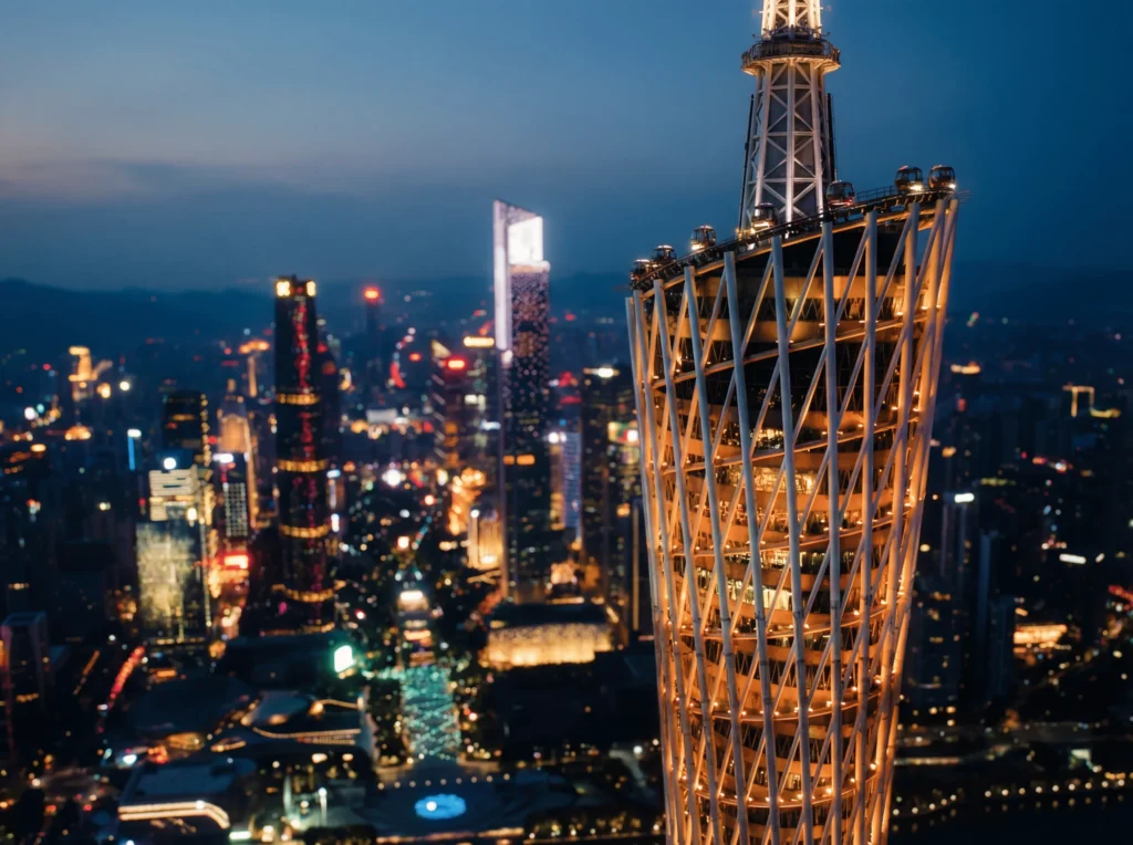Ankunft und Guangzhou im Abendlicht